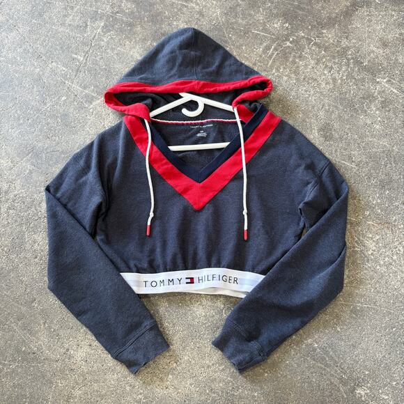 Tommy Hilfiger Crop Top Hoodie Womens S Blue Y2K Retro Sweater Sweatshirt - Picture 1 of 9